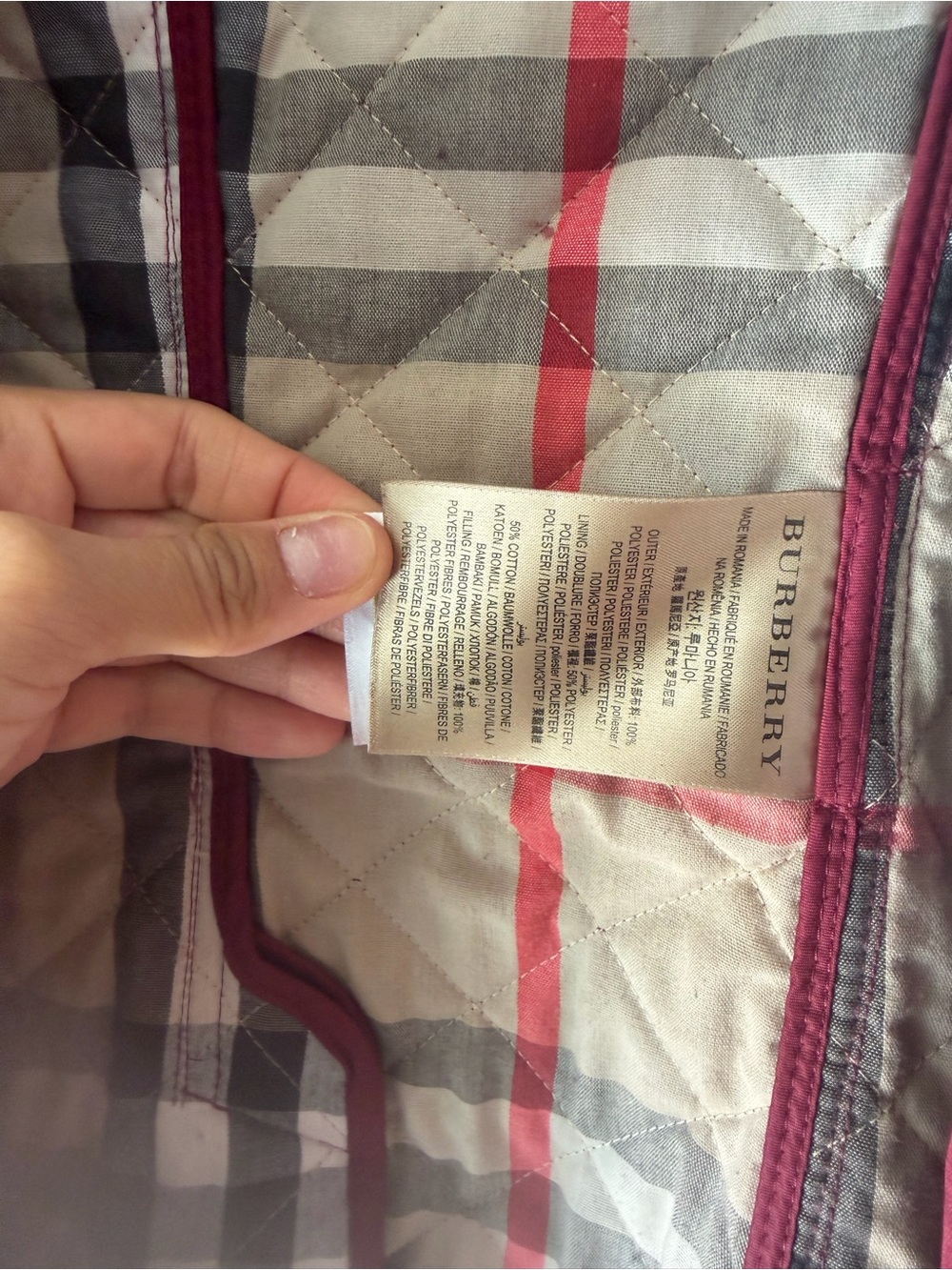 Burberry Quilted Burgundy Red women's Puffer Jacket with Check Trim - Picture 6 of 13
